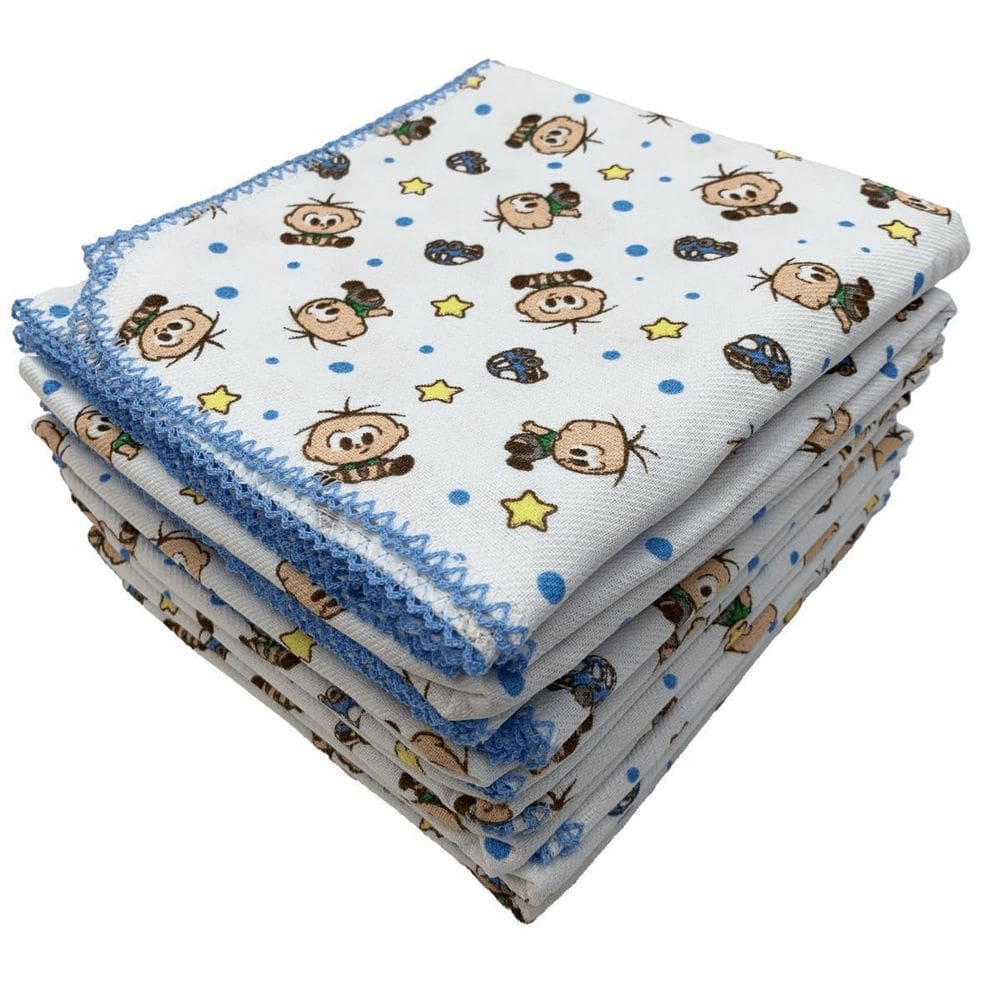 Kit 3 Cueiros Cebolinha Azul 75X75Cm 100% Algodão Com Crochê