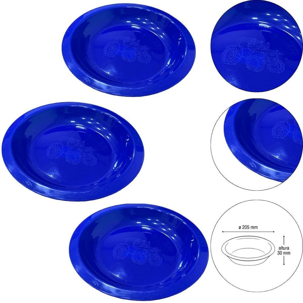 Kit 3 Prato Infantil De Plástico Com Desenho De Trator Azul