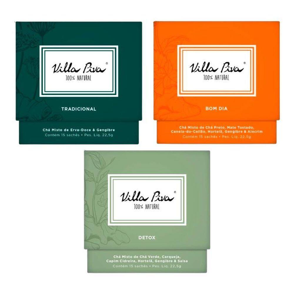 Kit 3 Chás Villa Piva: Detox, Bom Dia, Tradicional
