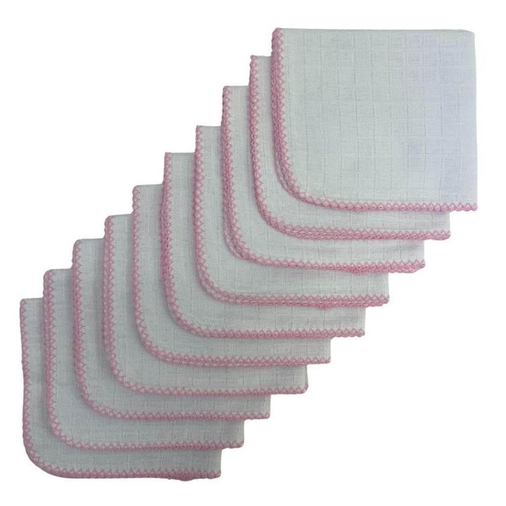 Kit Com 10 Fraldas De Boca Quadriculado 33X33Cm Rosa Bebê