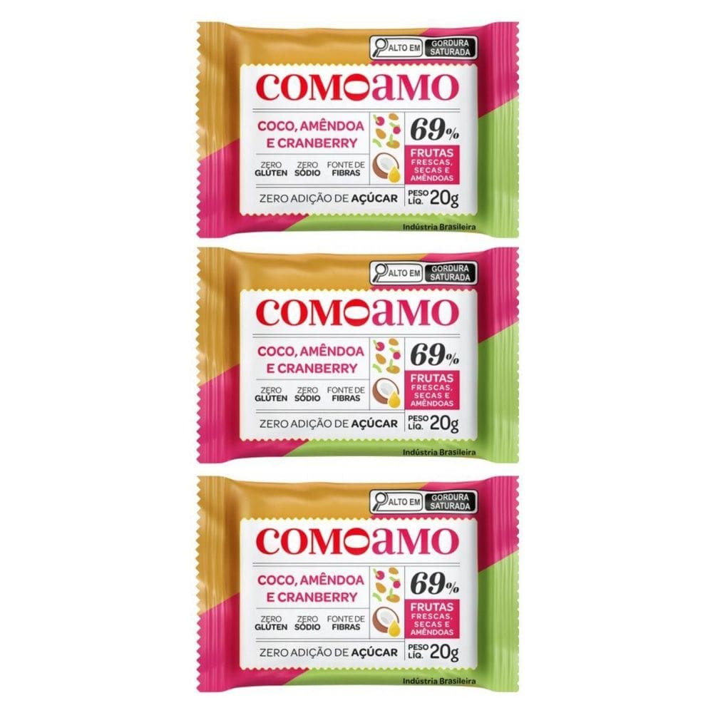 Kit 3 Coco, Amêndoas E Cranberry Zero Açucar 20G Comoamo