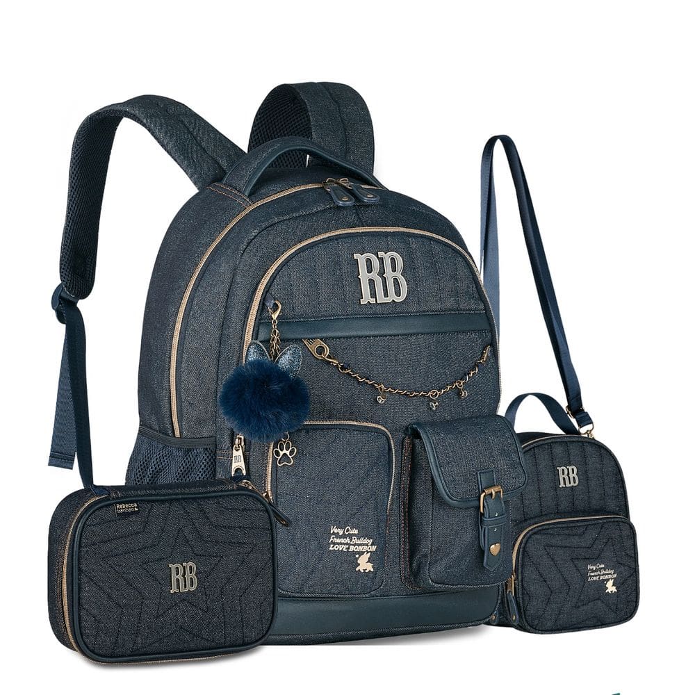 Mochila Costas Lancheira Térmica Estojo Rebecca Bonbon Jeans