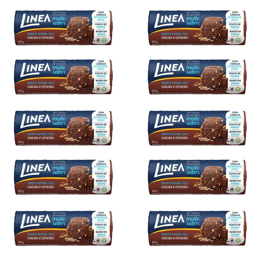 Biscoito Integral Linea Cacau E Cereais Kit 10 Pacotes 120G