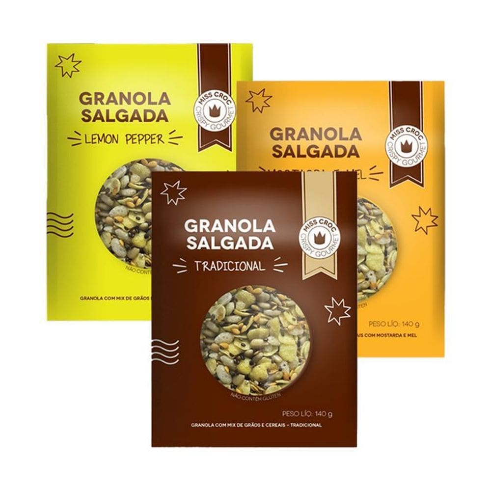 Kit 3 Granolas Crisp Sachê Miss Croc: Lemon Pepper, Mostarda