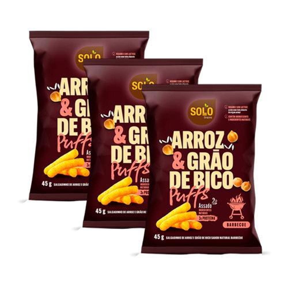 Kit 3X: Snack Puffs Arroz E Grão Bico Barbecue Solo Snacks
