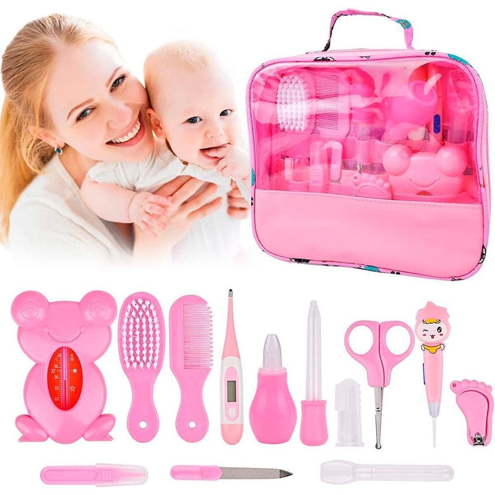 Kit Higiene Bebê Rosa Escova De Dedo Tesoura Bolsa