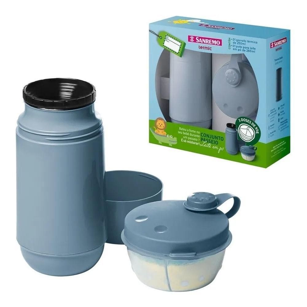 2X Conjunto Passeio Garrafa 250Ml + Pote Para Leite Em Po Az