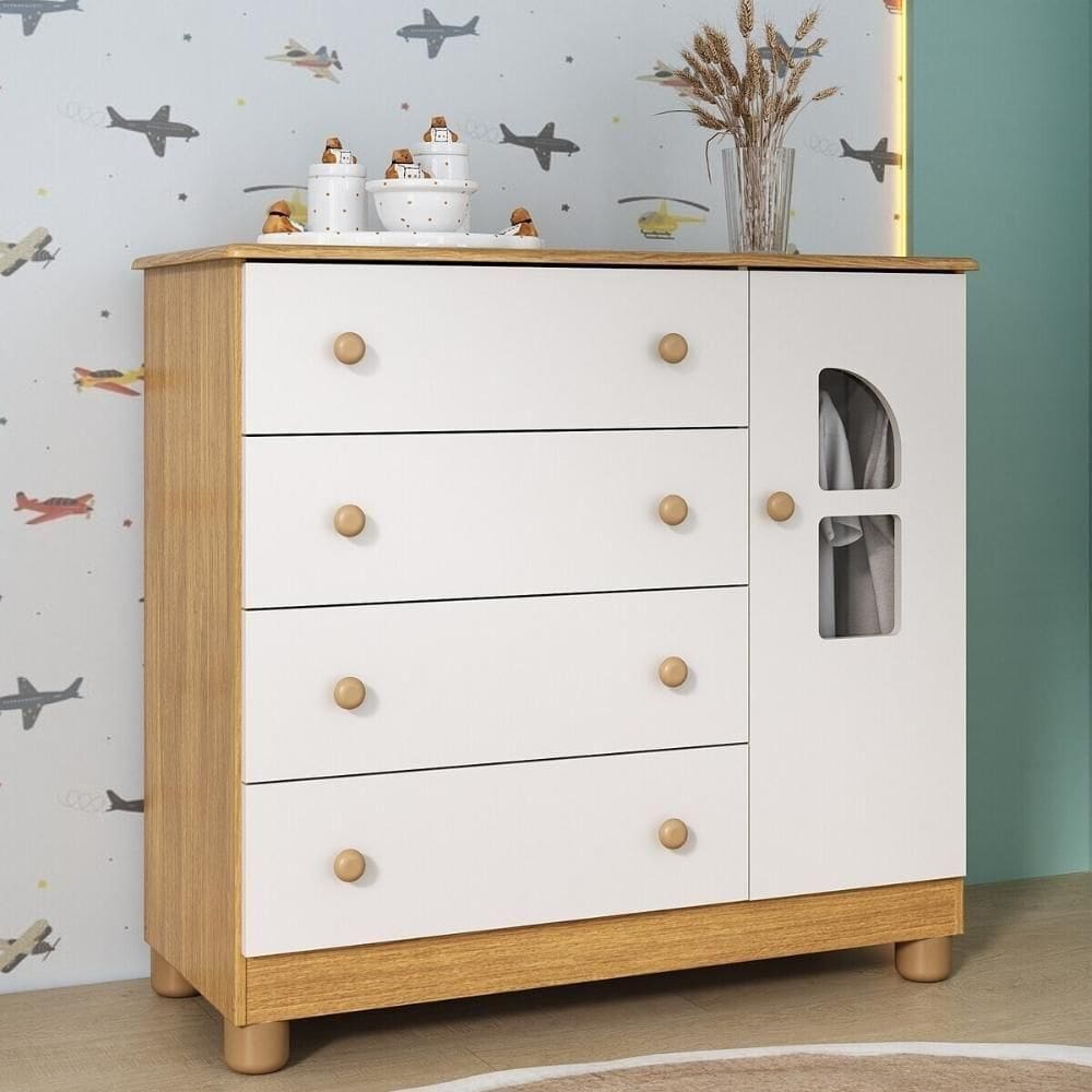 Cômoda Infantil 95cm 1 Porta Com Vidro E 4 Gavetas Nina Multimóveis MP4505 Madeirado/branco