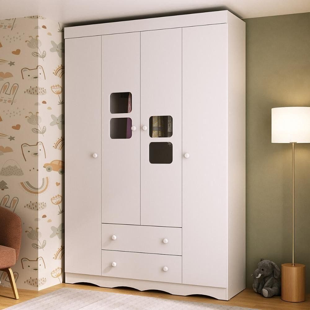 Guarda-roupa Infantil 122cm Com Vidro 4 Portas E 2 Gavetas Serena Multimóveis MP4432 Branco