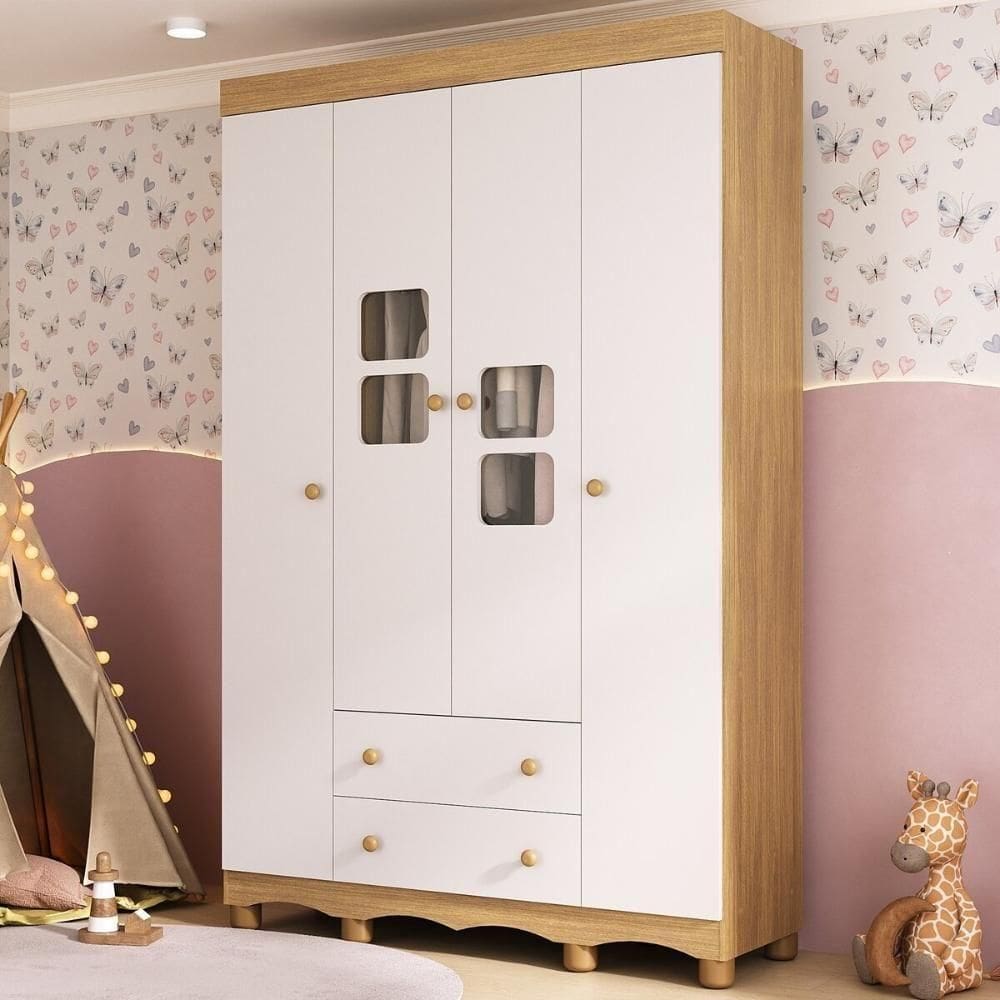 Guarda-roupa Infantil 122cm Com Vidro 4 Portas E 2 Gavetas Luna Multimóveis MP4413 Madeirado/branco