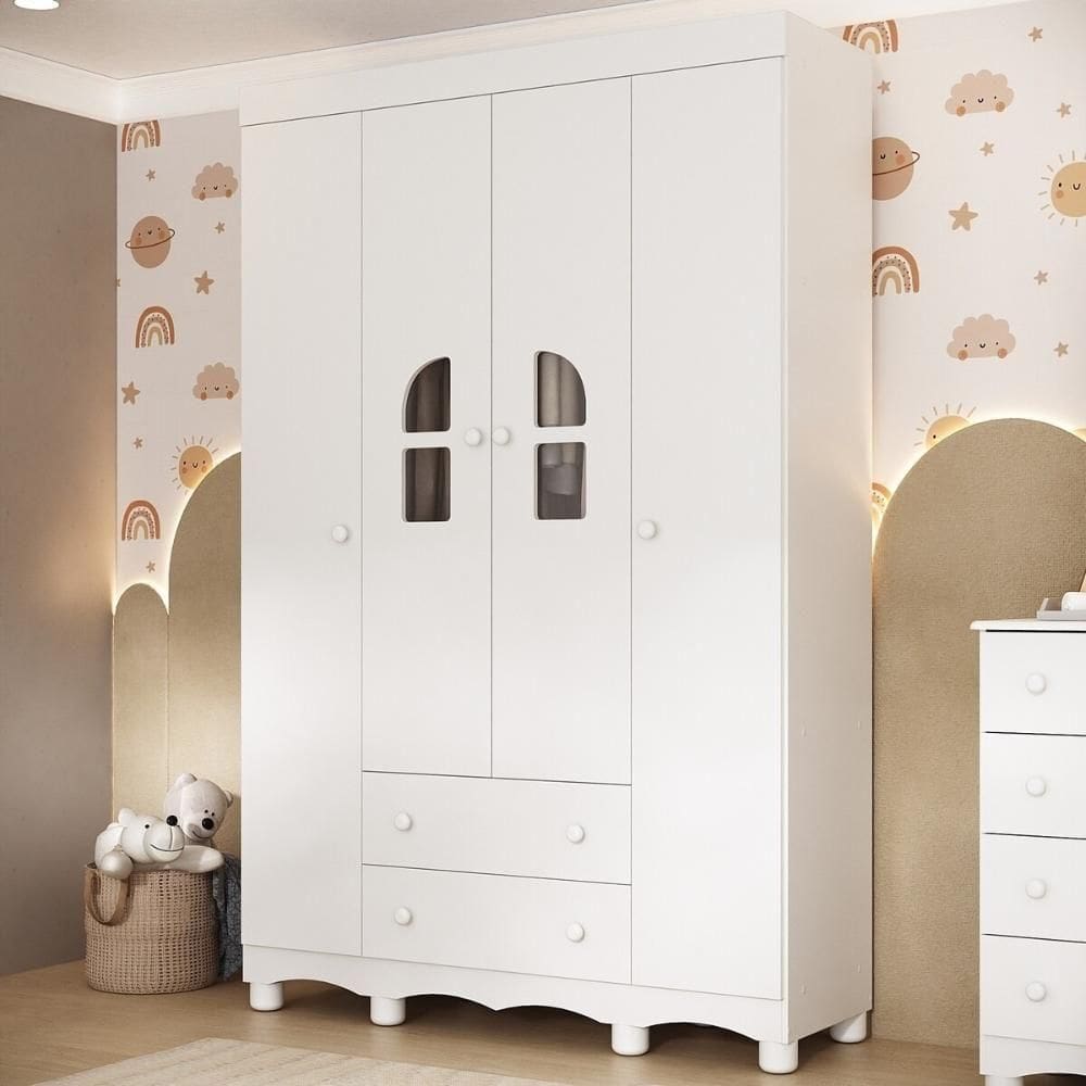 Guarda-roupa Infantil 122cm Com Vidro 4 Portas E 2 Gavetas Aurora Multimóveis MP4498 Branco