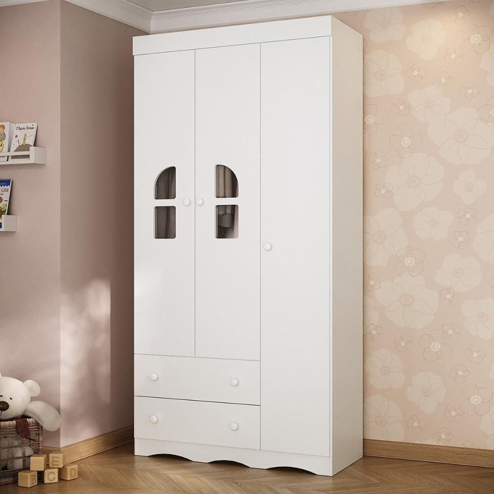 Guarda-roupa Infantil 92cm Com Vidro 3 Portas E 2 Gavetas Liz Multimóveis MP4513 Branco