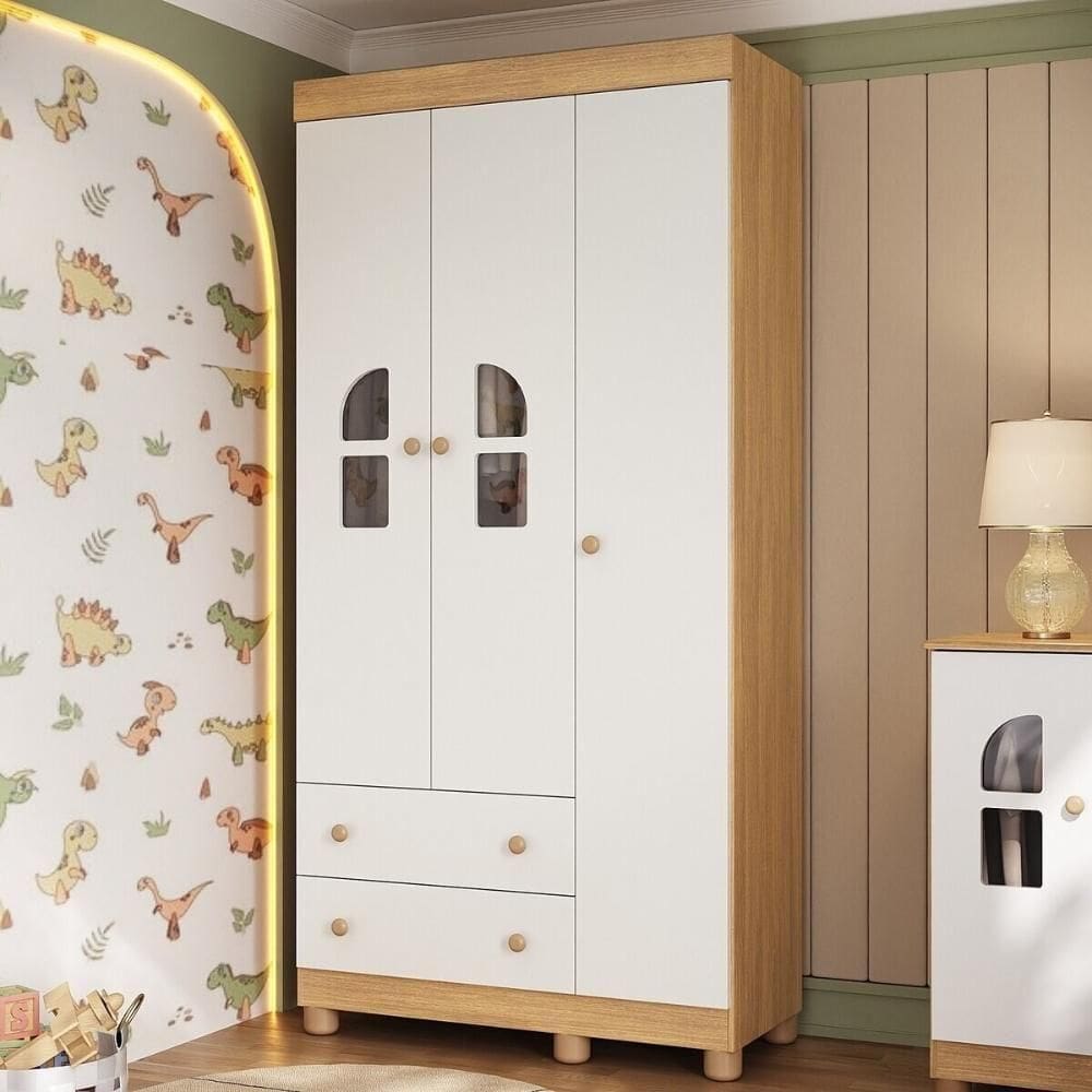 Guarda-roupa Infantil 92cm Com Vidro 3 Portas E 2 Gavetas Nina Multimóveis MP4503 Madeirado/branco