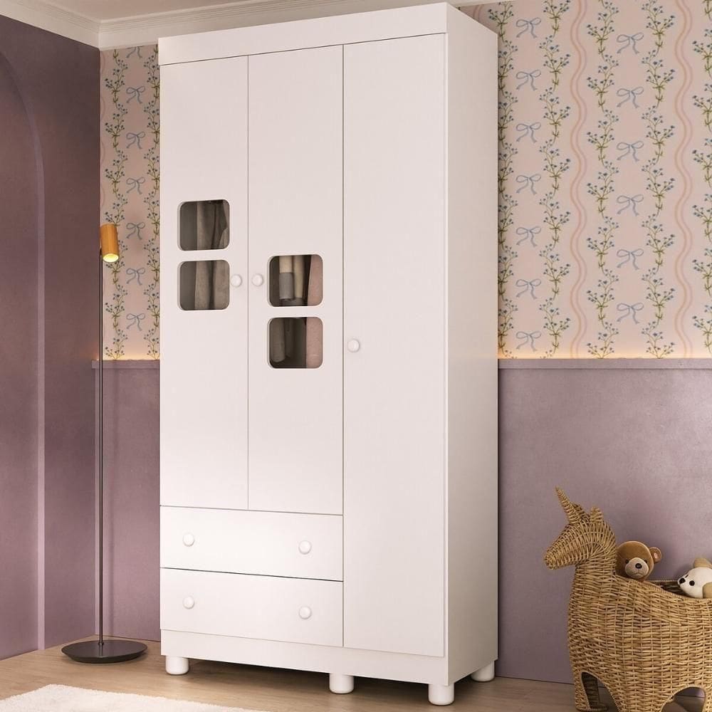 Guarda-roupa Infantil 92cm Com Vidro 3 Portas E 2 Gavetas Sol Multimóveis MP4419 Branco