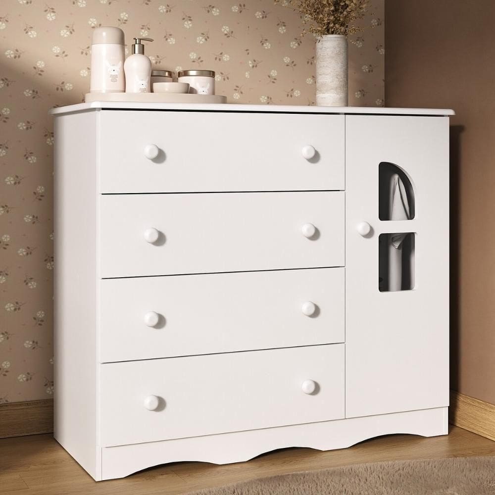 Cômoda Infantil 95cm 1 Porta Com Vidro E 4 Gavetas Liz Multimóveis MP4515 Branco