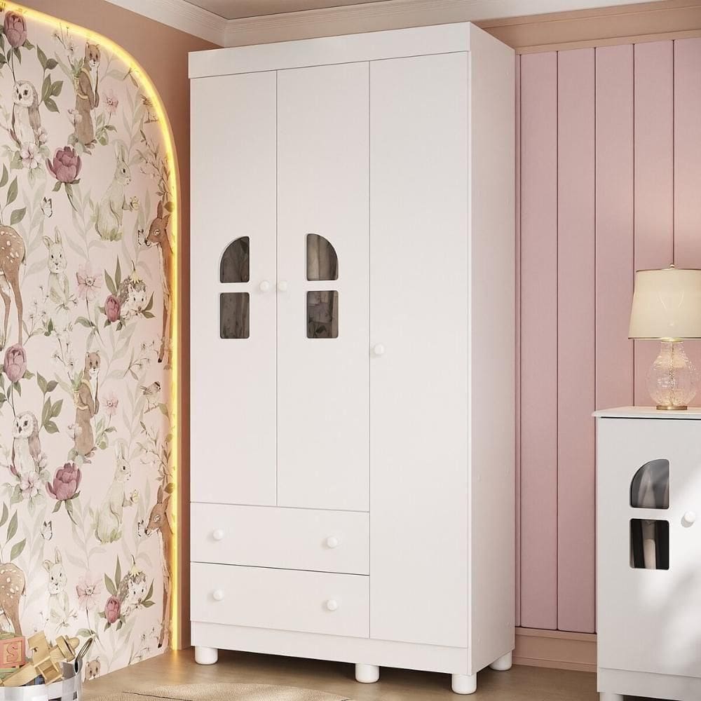 Guarda-roupa Infantil 92cm Com Vidro 3 Portas E 2 Gavetas Nina Multimóveis MP4503 Branco