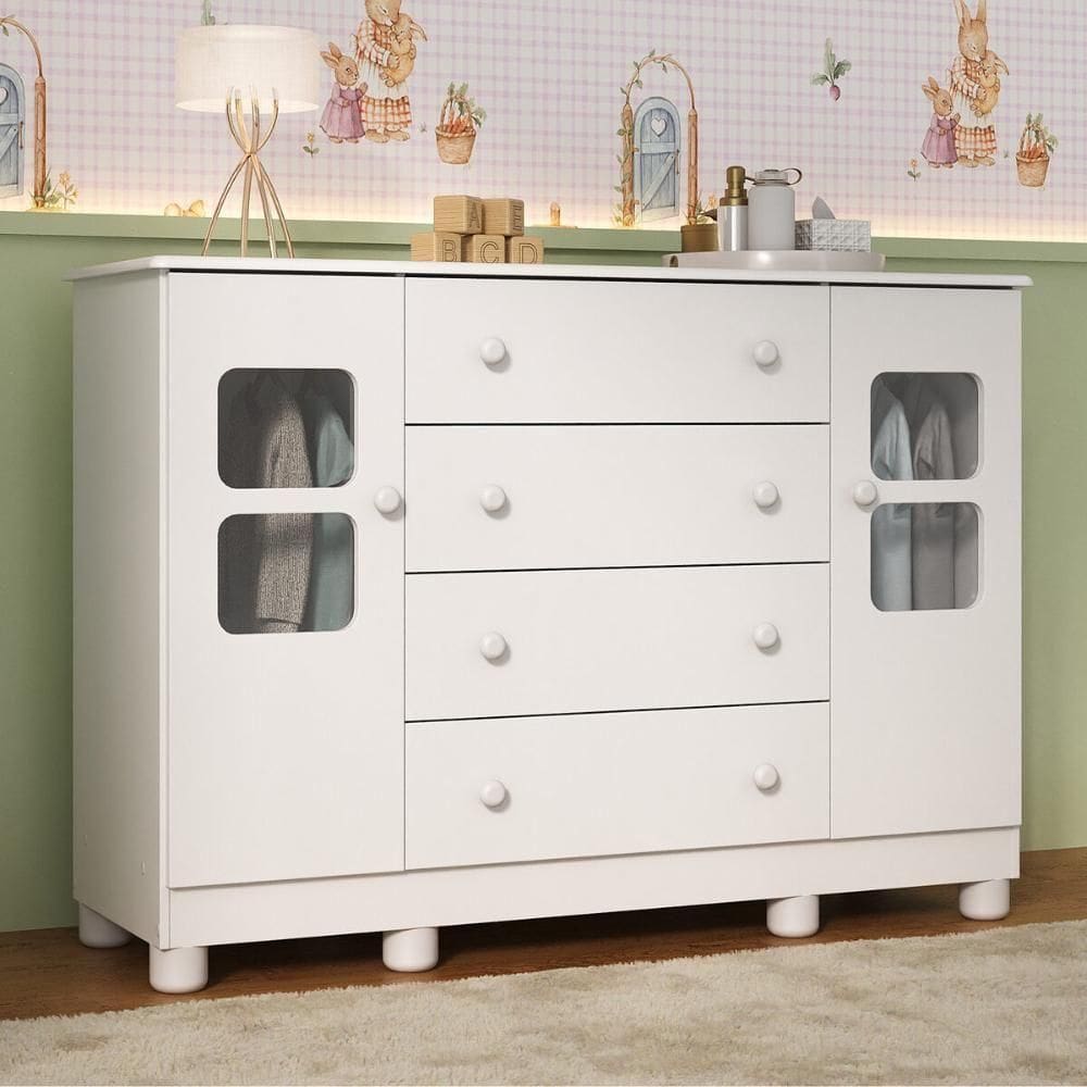 Cômoda Infantil 125cm 2 Portas Com Vidro E 4 Gavetas Sol Multimóveis MP4423 Branco