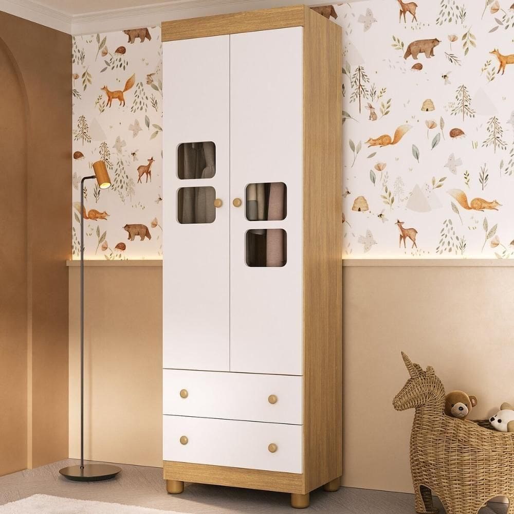 Guarda-roupa Infantil 62cm 2 Portas Com Vidro E 2 Gavetas Sol Multimóveis MP4418 Madeirado/branco