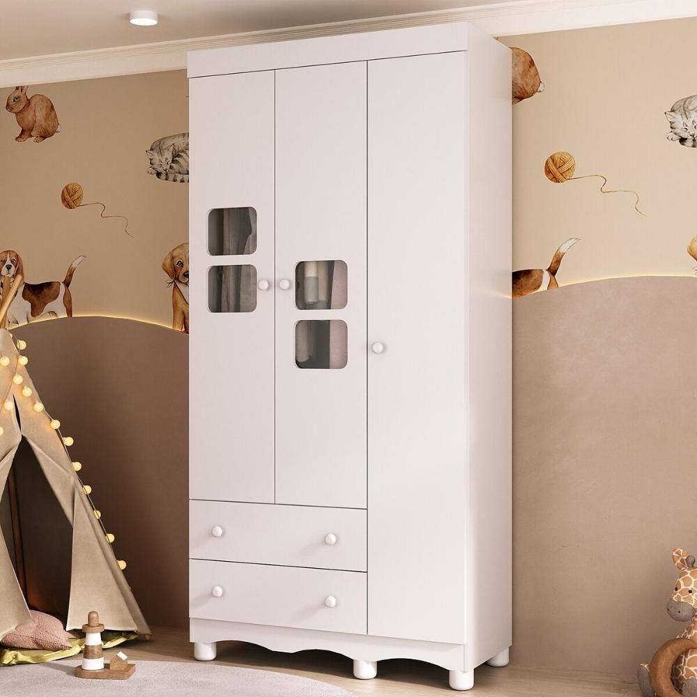 Guarda-roupa Infantil 92cm Com Vidro 3 Portas E 2 Gavetas Luna Multimóveis MP4412 Branco
