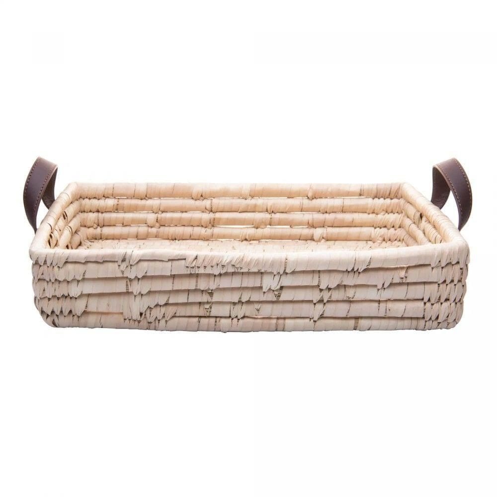 Bandeja Retangular Decorativa De Fibra Natural E Alça Em Couro Braid Lyor