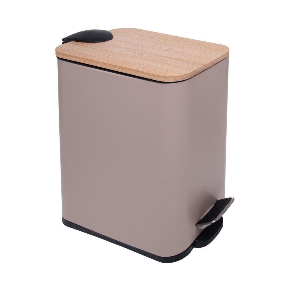 Lixeira 5l Retangular De Metal Com Pedal E Tampa Em Bambu Bege Lyor