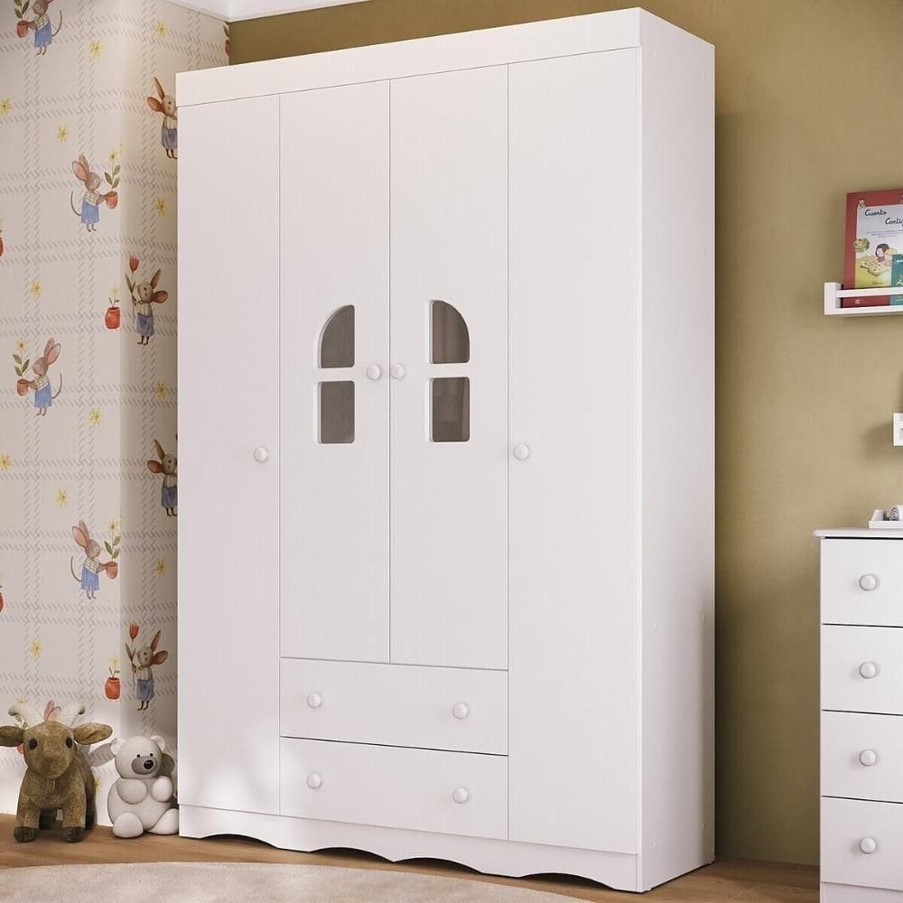 Guarda-roupa Infantil 122cm Com Vidro 4 Portas E 2 Gavetas Liz Multimóveis MP4514 Branco