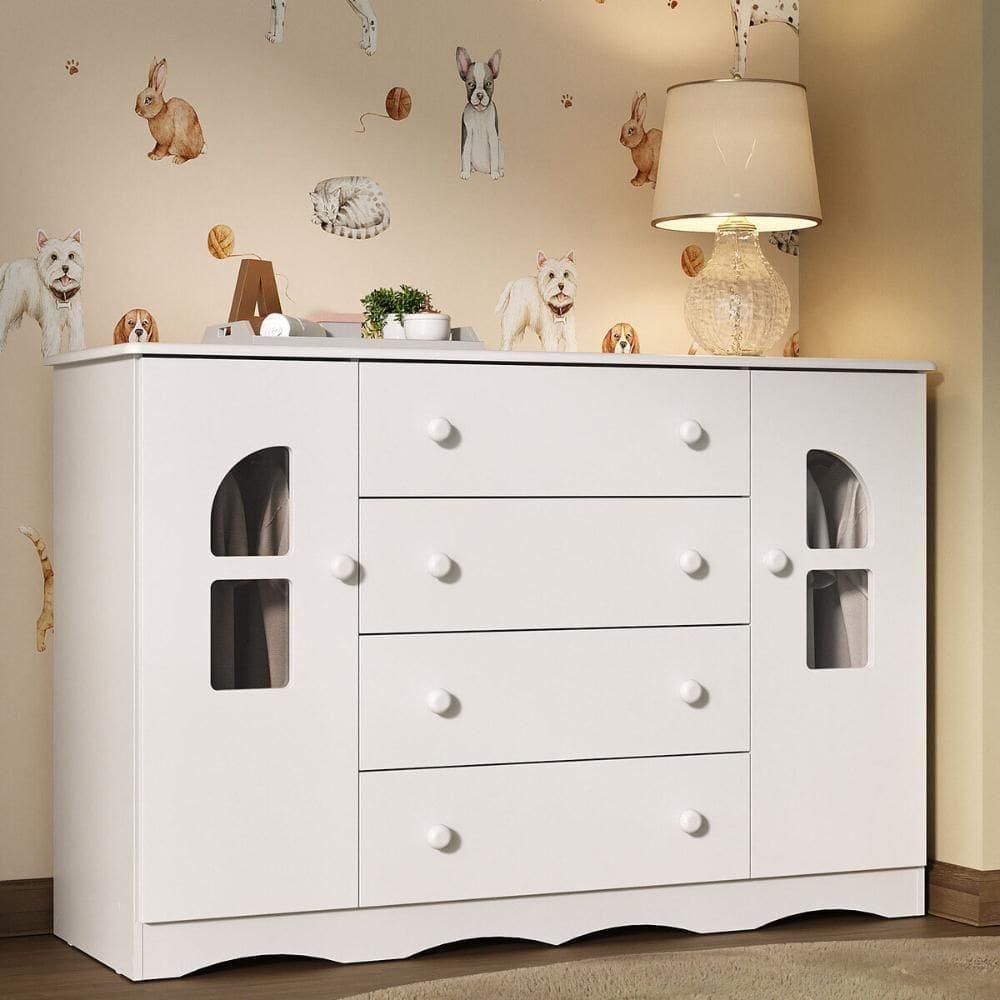 Cômoda Infantil 125cm 2 Portas Com Vidro E 4 Gavetas Liz Multimóveis MP4516 Branco