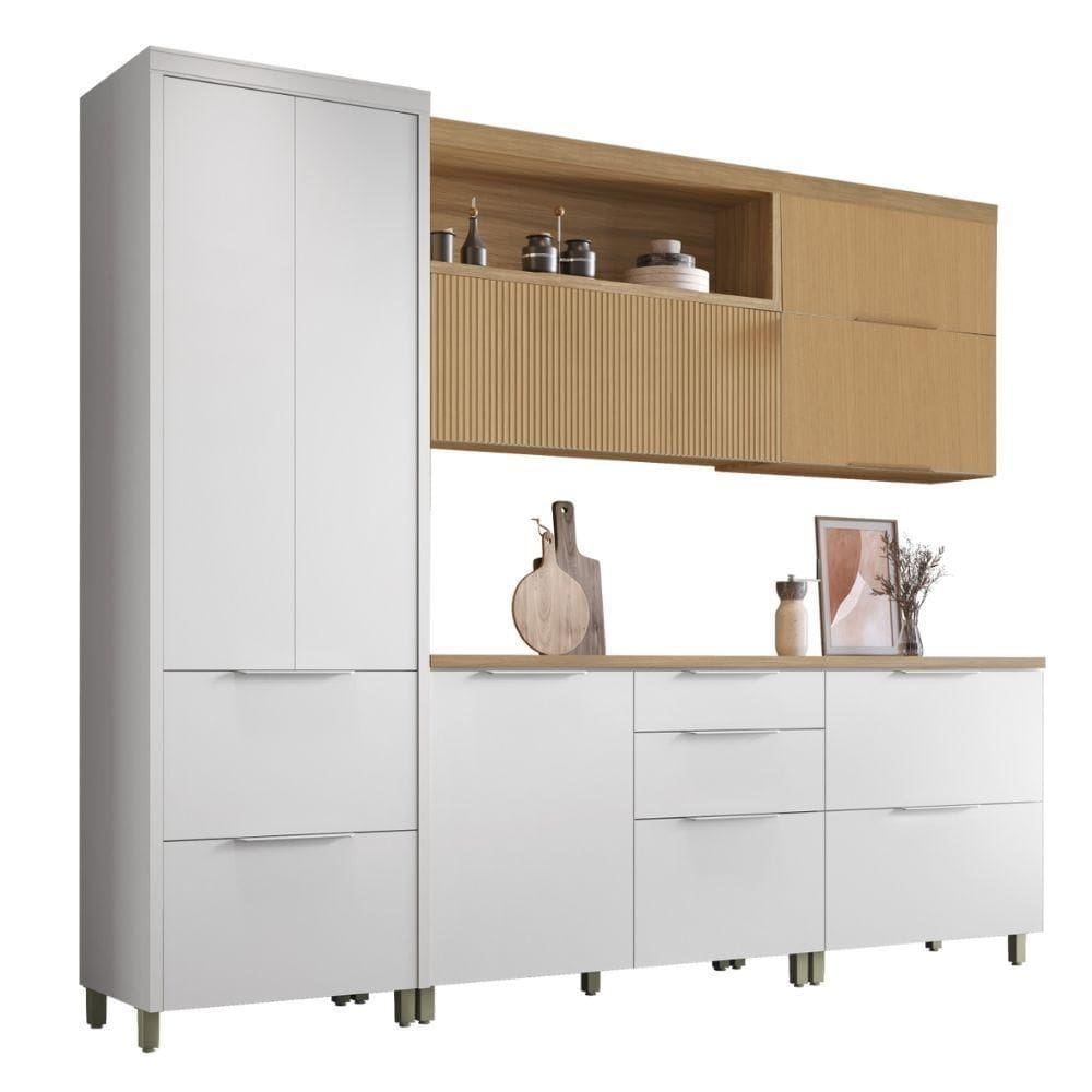 Armário De Cozinha Completa 100% Mdf 7 Portas 6 Gavetas Mariah Nesher Madeirado / Branco