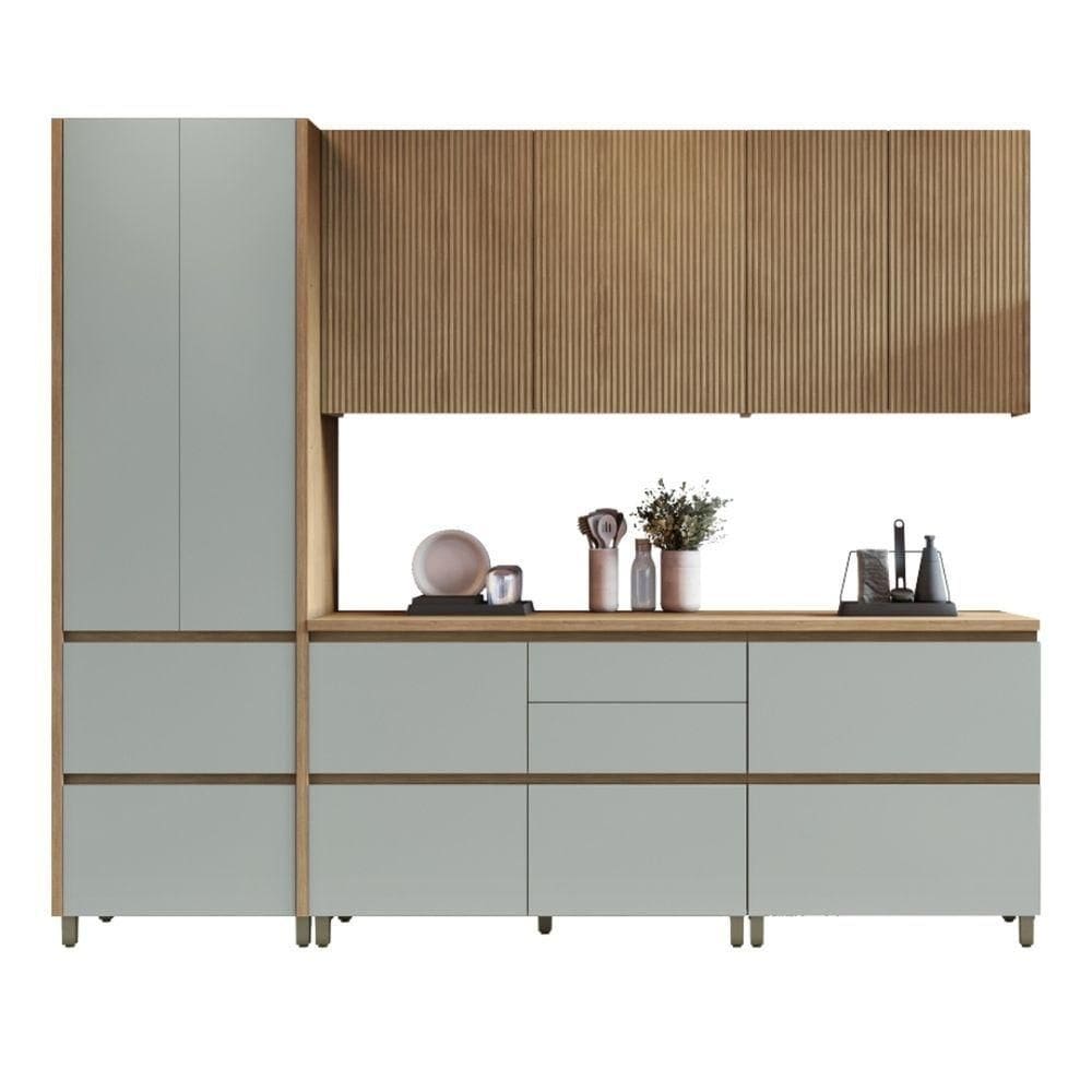 Armário De Cozinha Completa 8 Portas 7 Gavetas 100% Mdf Raissa Nesher Madeirado / Verde