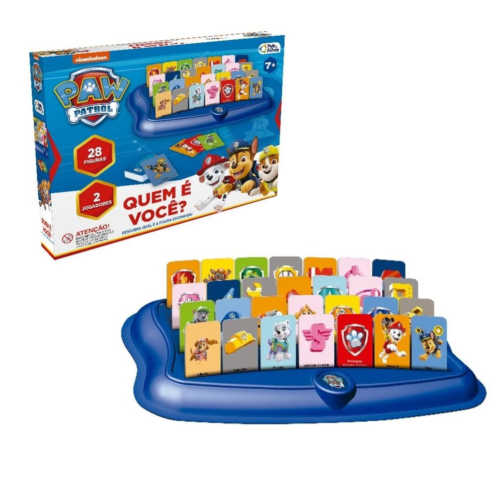 Jogo Quem é Você? Patrulha Canina 84 Cartas 2 Bases 4 Adesivos Interativo Pais e Filhos