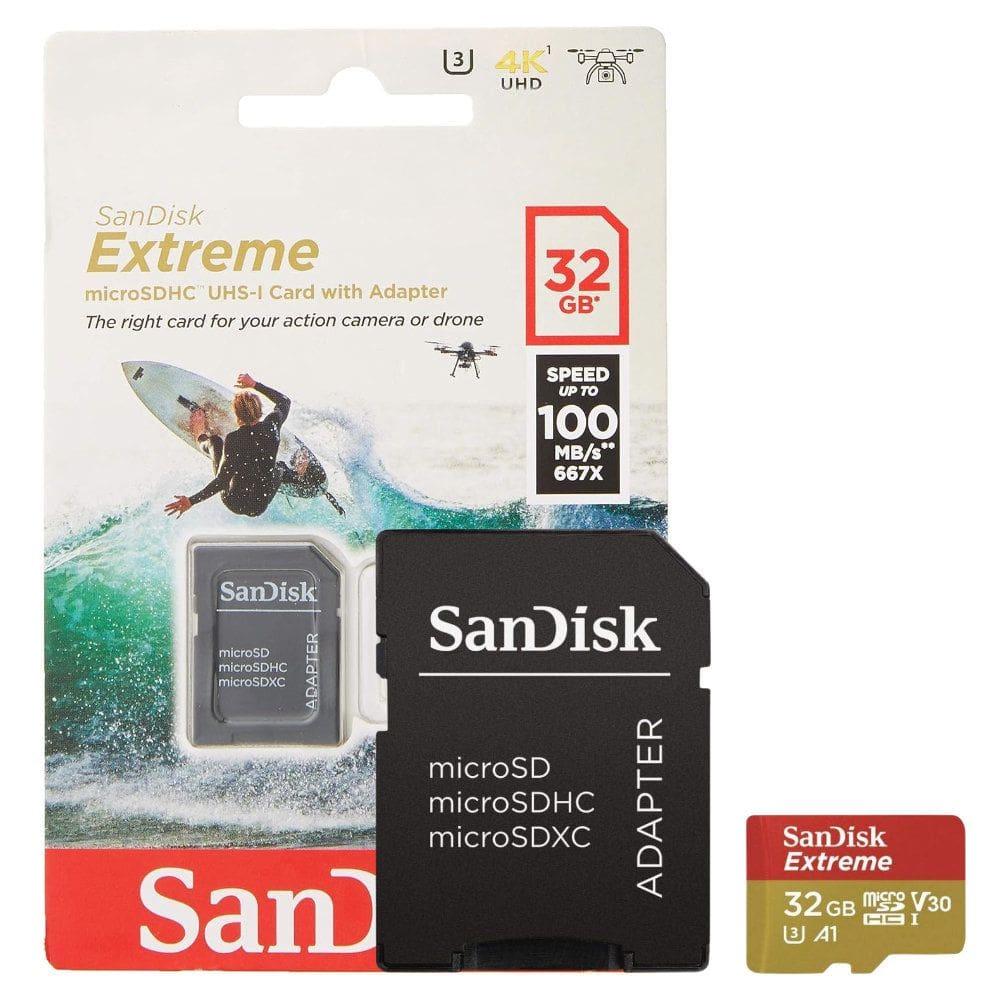 Cartão microSDHC SanDisk Extreme 32GB U3 V30 A1 100MB/s 60MB/s 4K c/ Adaptador SD (SDSQXAF-032G-GN6AA)