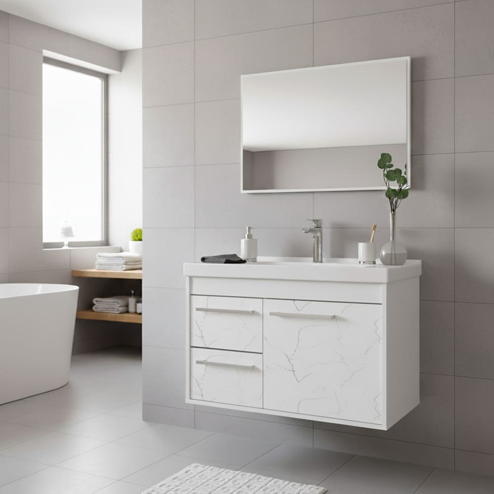 Kit Armário para Banheiro 60cm MDF com Cuba + Espelheira - Potenza Branco