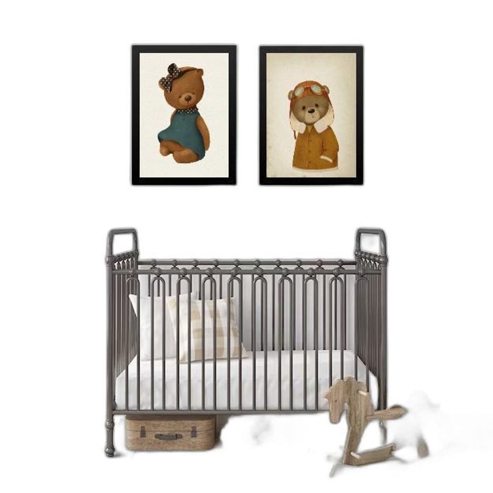 Kit 2 Quadros Vintage Quarto De Bebê Ursos 33X24Cm - Vidro