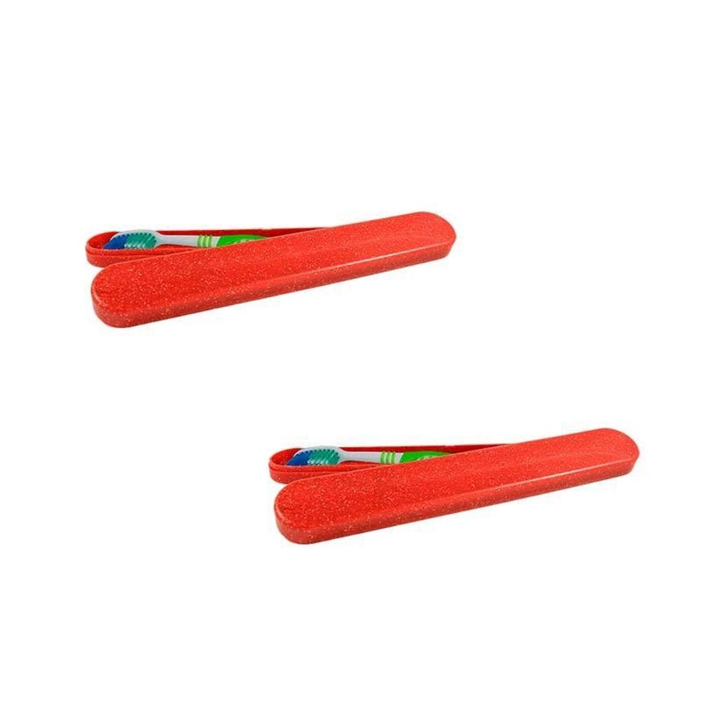 Kit 2 Porta Escova Dental Fibra Madeira Vermelho