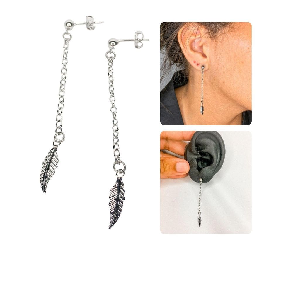 Brinco Bolinha Feminino Corrente Longo Pingente Pena Folha