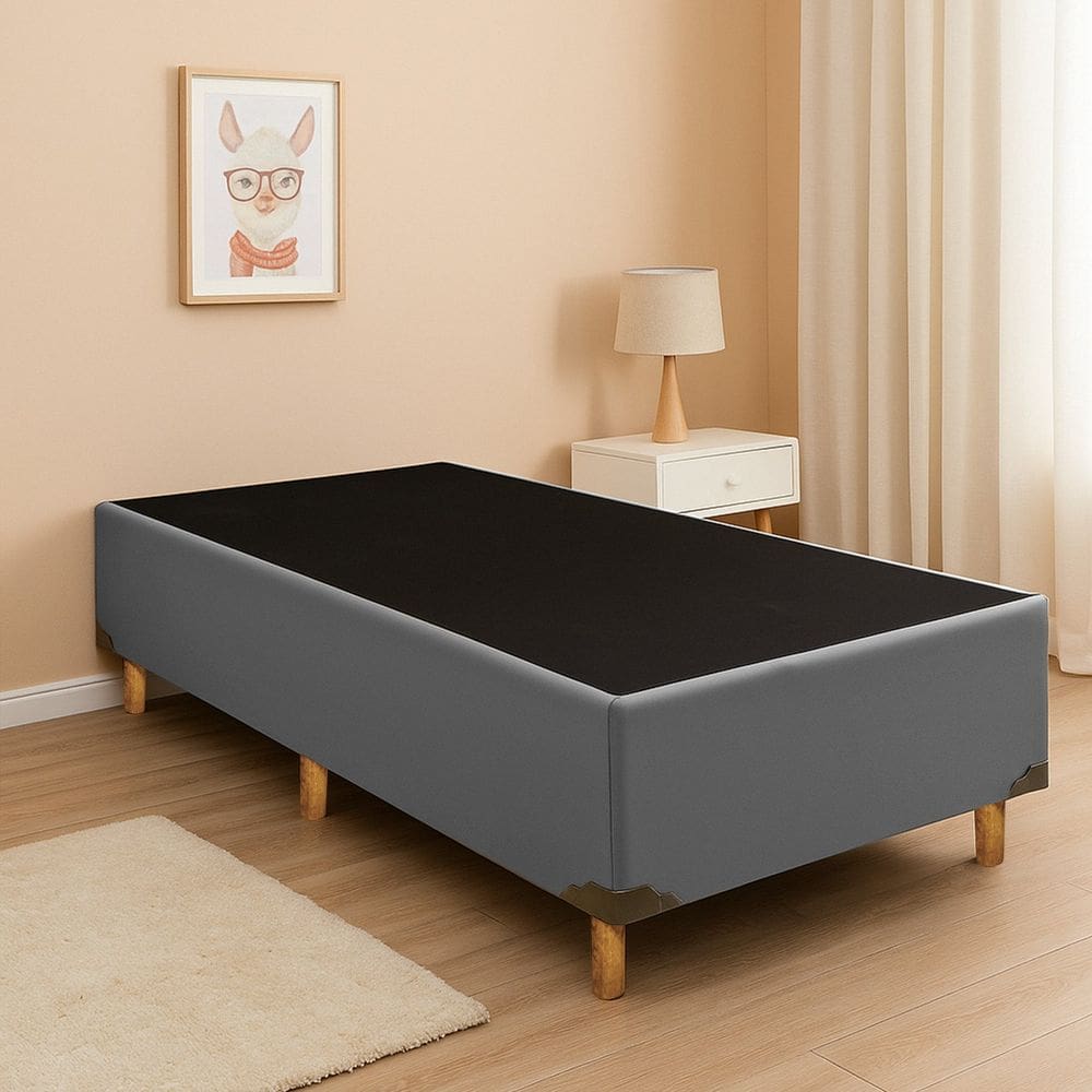 Base Box Solteiro com Pés em Madeira Cinza