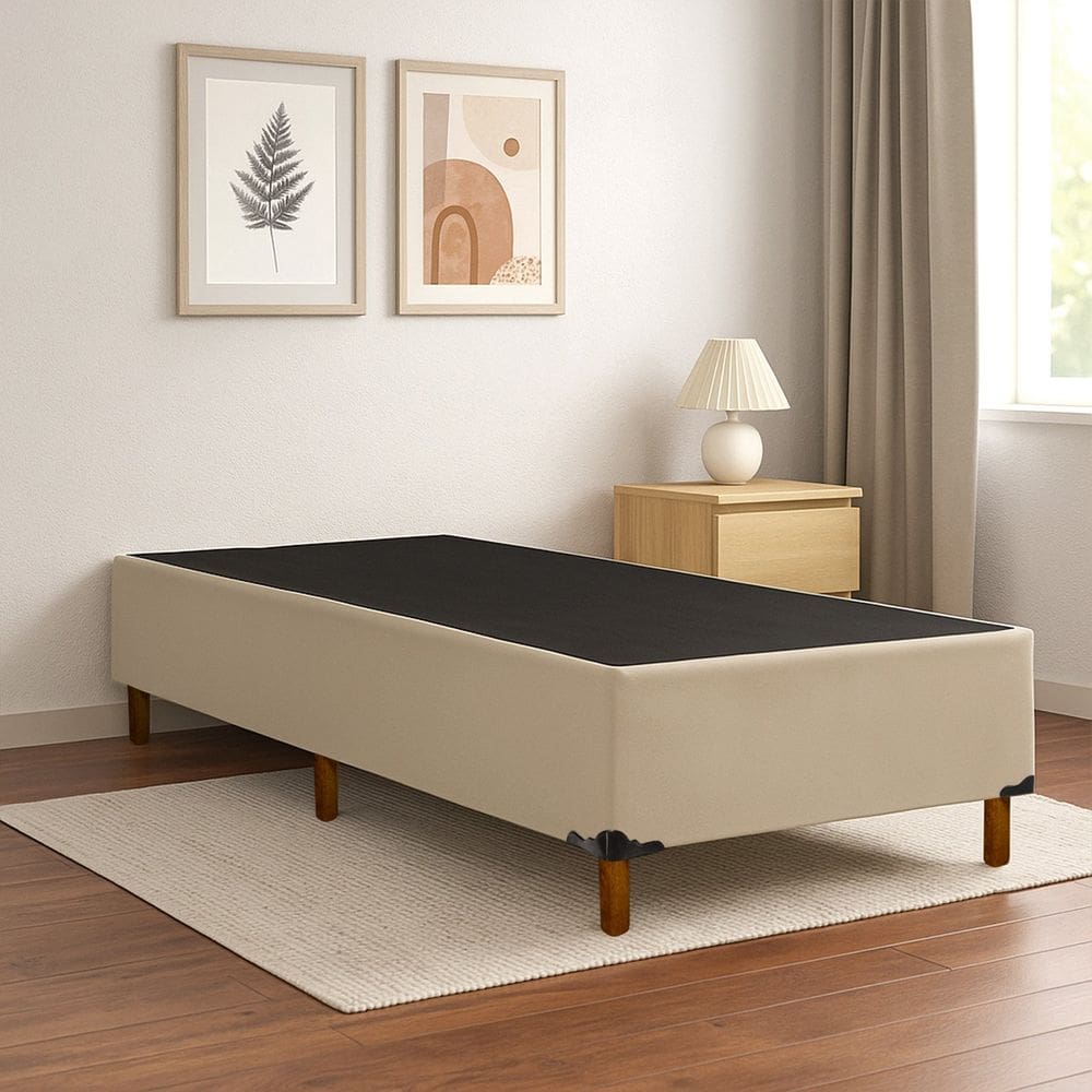 Base Box Solteiro com 6 Pés em Madeira Bege