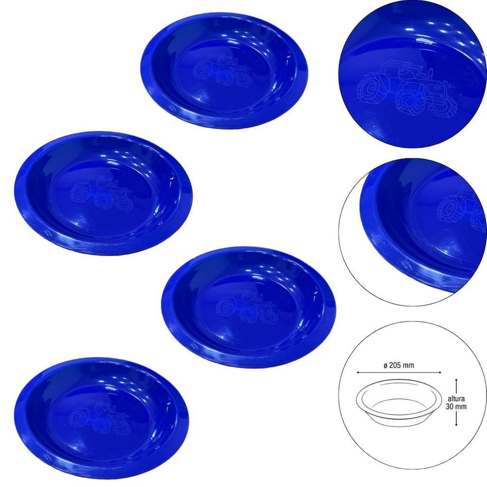 Kit 4 Prato Infantil De Plástico Com Desenho De Trator Azul