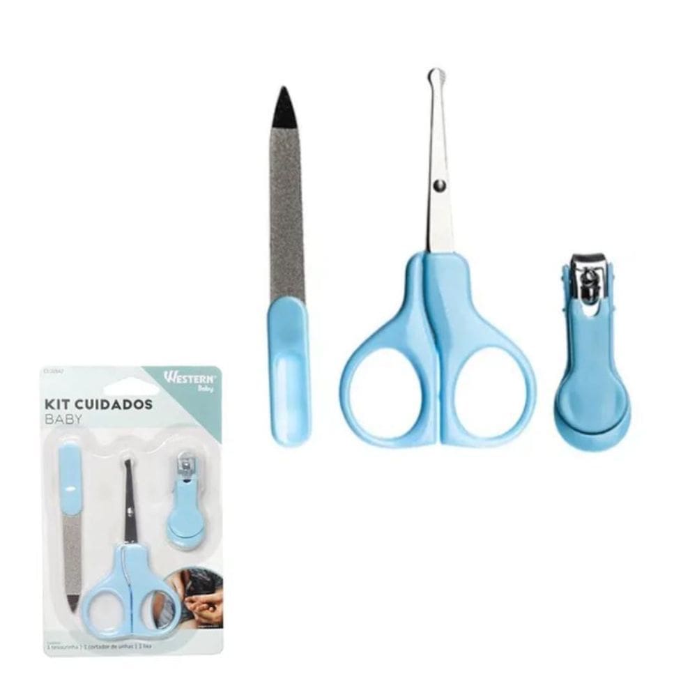 Kit Cuidados Bebe Azul Kids 3 Peças Tesoura Lixa Cortador