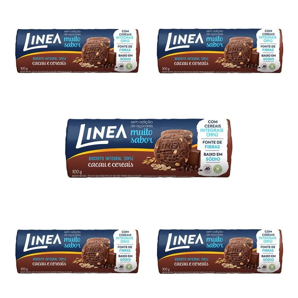Biscoito Integral Linea Cacau E Cereais Kit 5 Unid De 120G