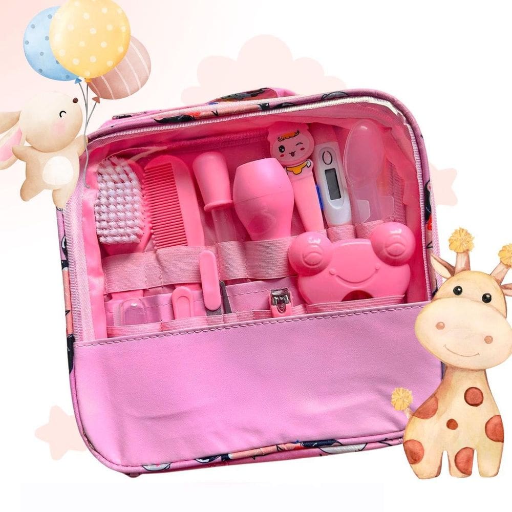 Kit Higiene Bebê Rosa Tesoura Escova Cortador Unha