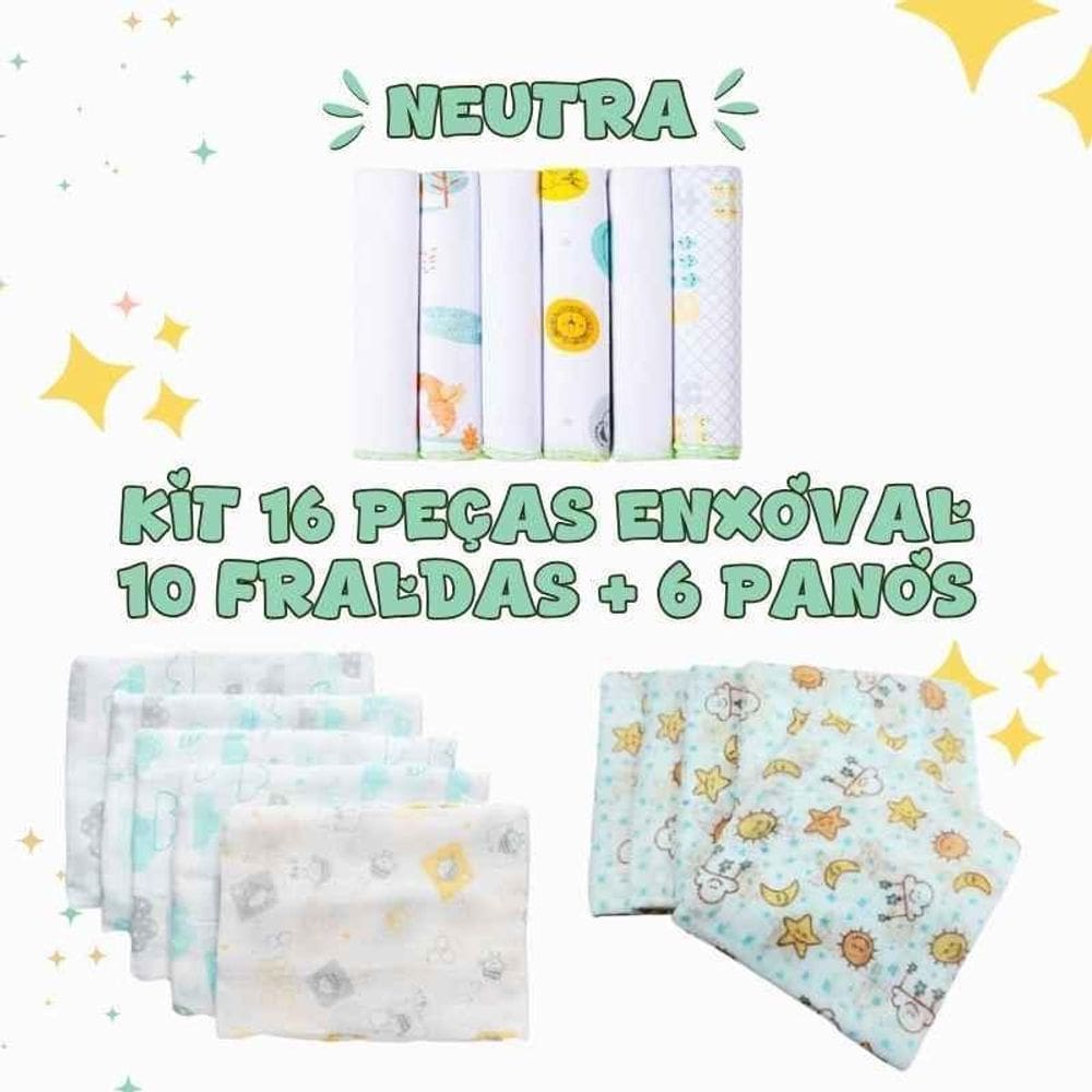Enxoval Neutro - 10 Fraldas De Pano + 6 Paninhos De Boca