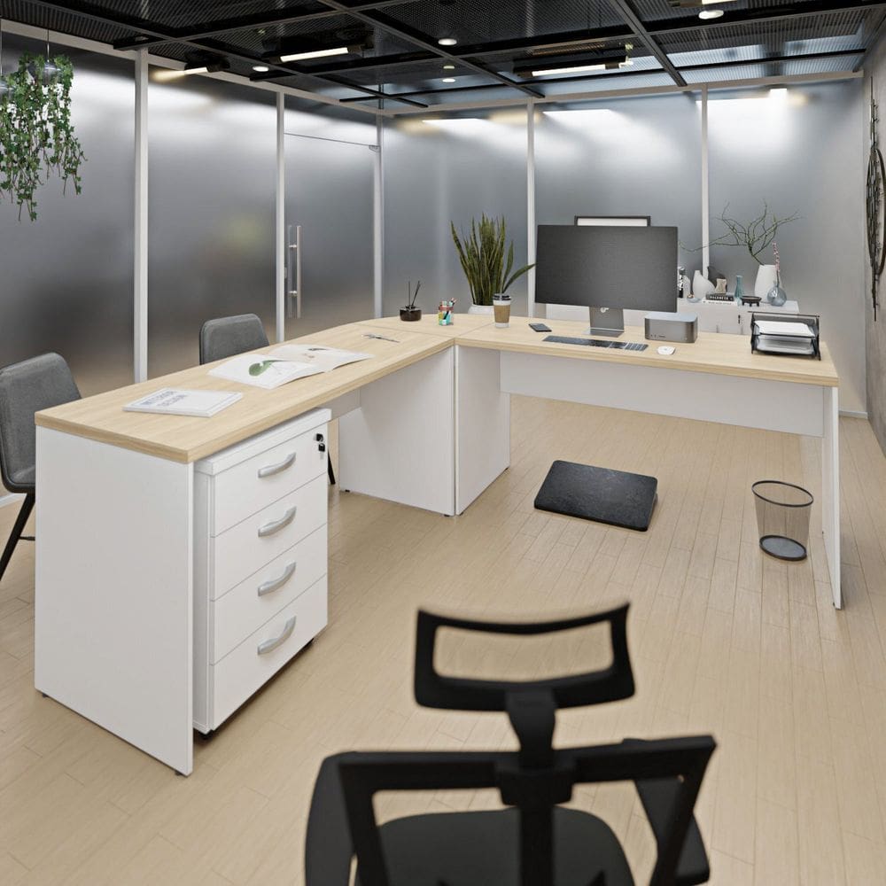 Conjunto Mesa 76x140cm Conexão em L e Gaveteiro Volante Dubai/Branco