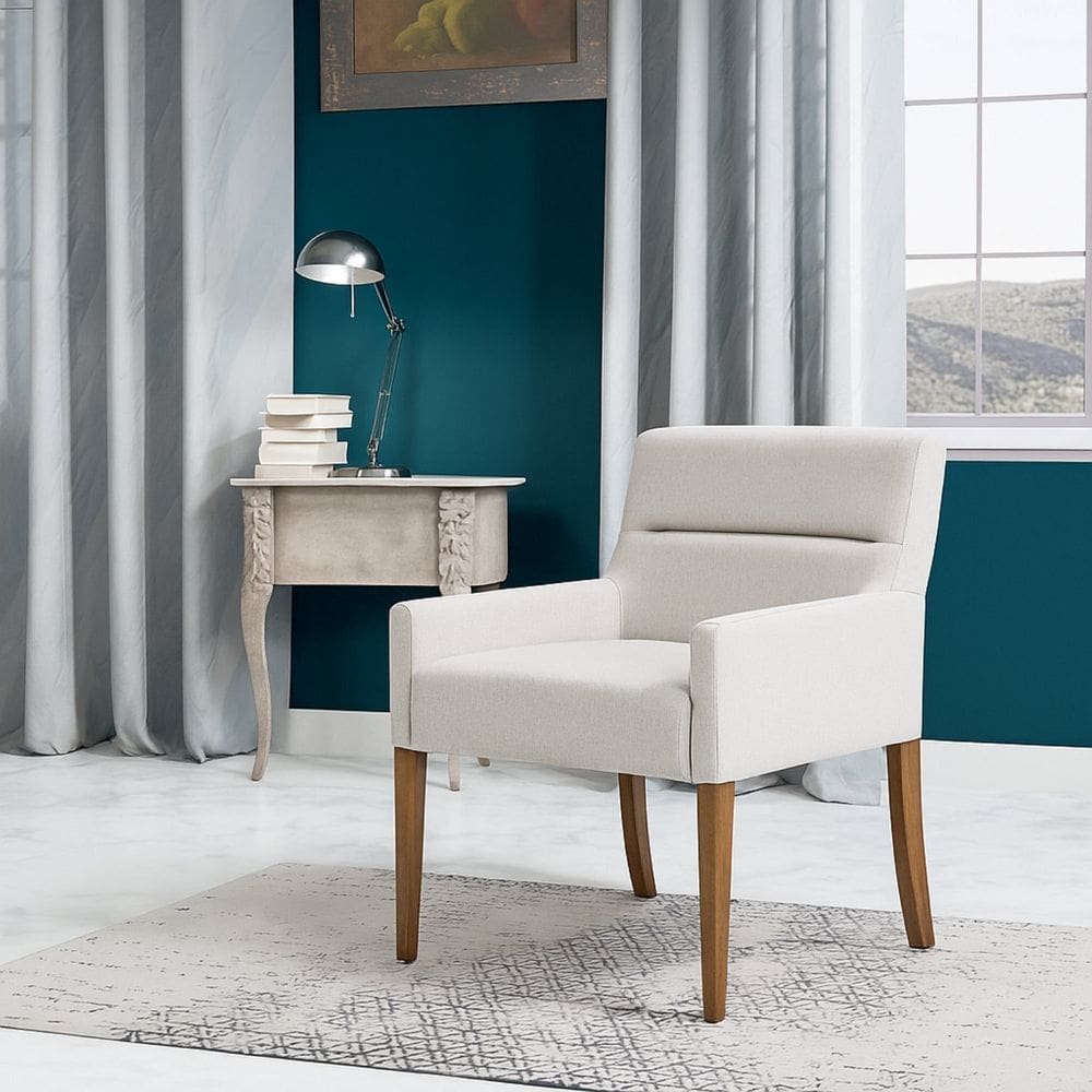 Poltrona para Sala de Estar Linho Pés Madeira Angel Areia