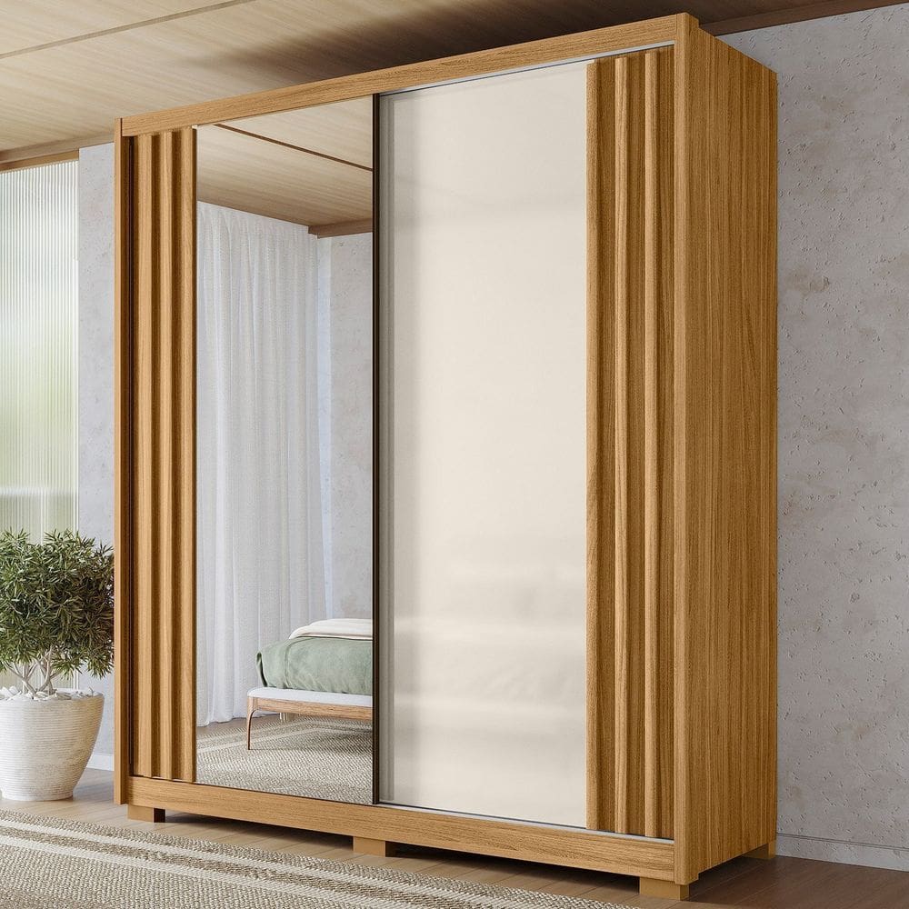 Guarda-roupa Casal com Espelho Inspiração Freijó/Off White