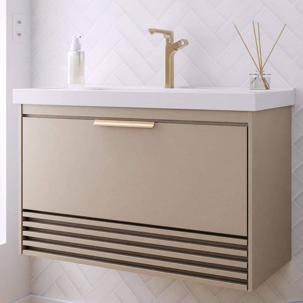 Gabinete para Banheiro 80cm com 1 Porta 1 Gaveta e Cuba de Embutir Paraty Cappuccino