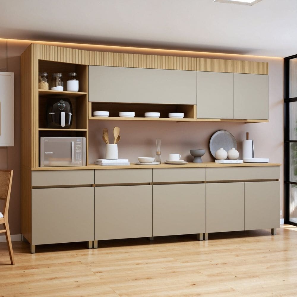 Cozinha Completa Modulada 5 Peças 8 Portas 4 Gavetas Torre Angular 100% Mdf Realeza Premium Carvalho/Greige