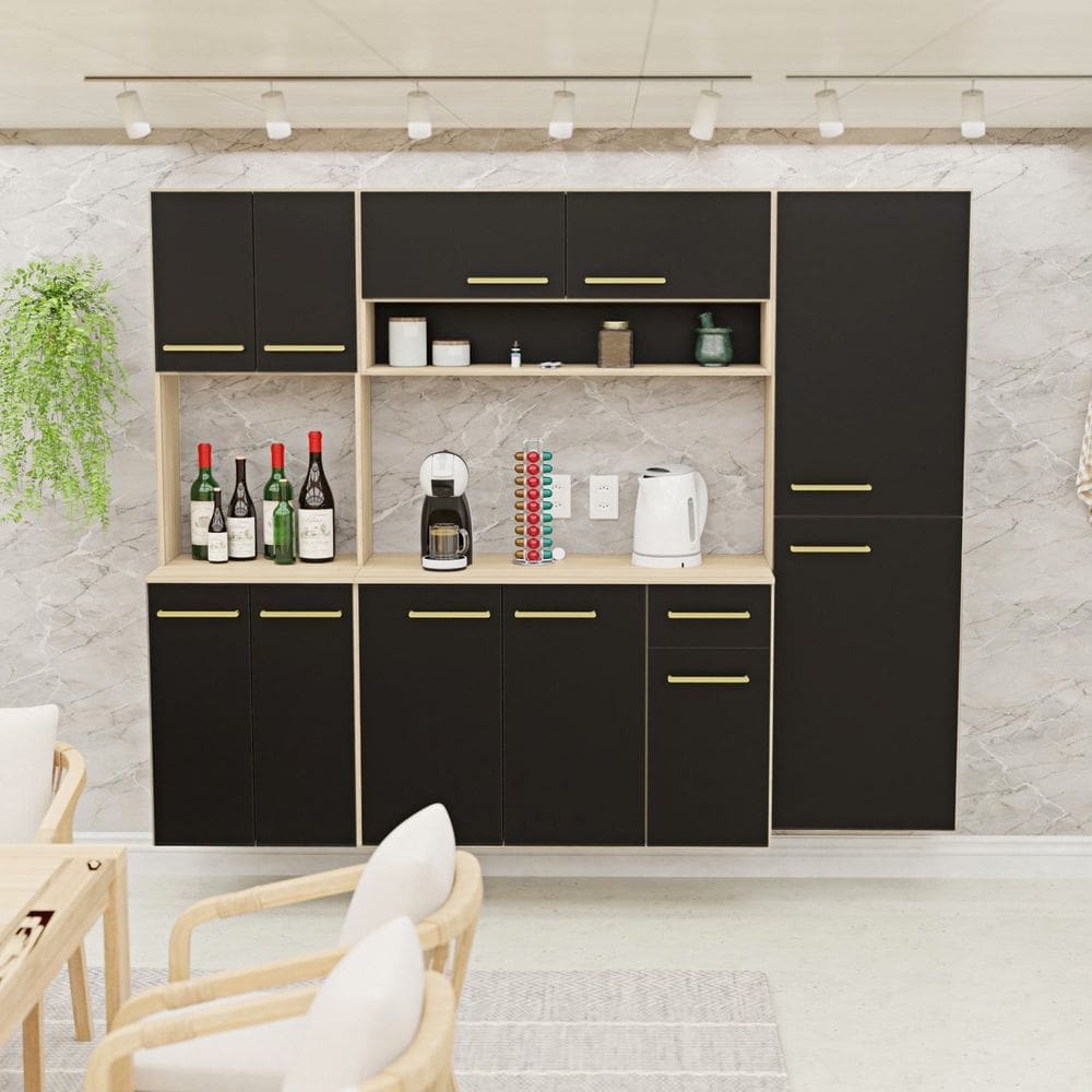 Cozinha Modulada Completa Compacta Torre Quente Armário Aéreo e Balcão Auxiliar Aura Dubai/Preto