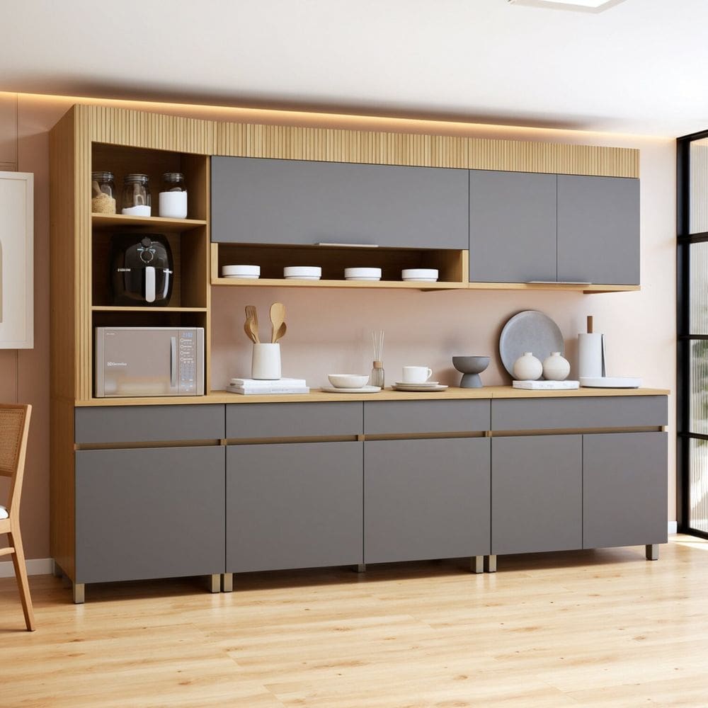 Cozinha Completa Modulada 5 Peças 8 Portas 4 Gavetas Torre Angular 100% Mdf Realeza Premium Carvalho/Titânio