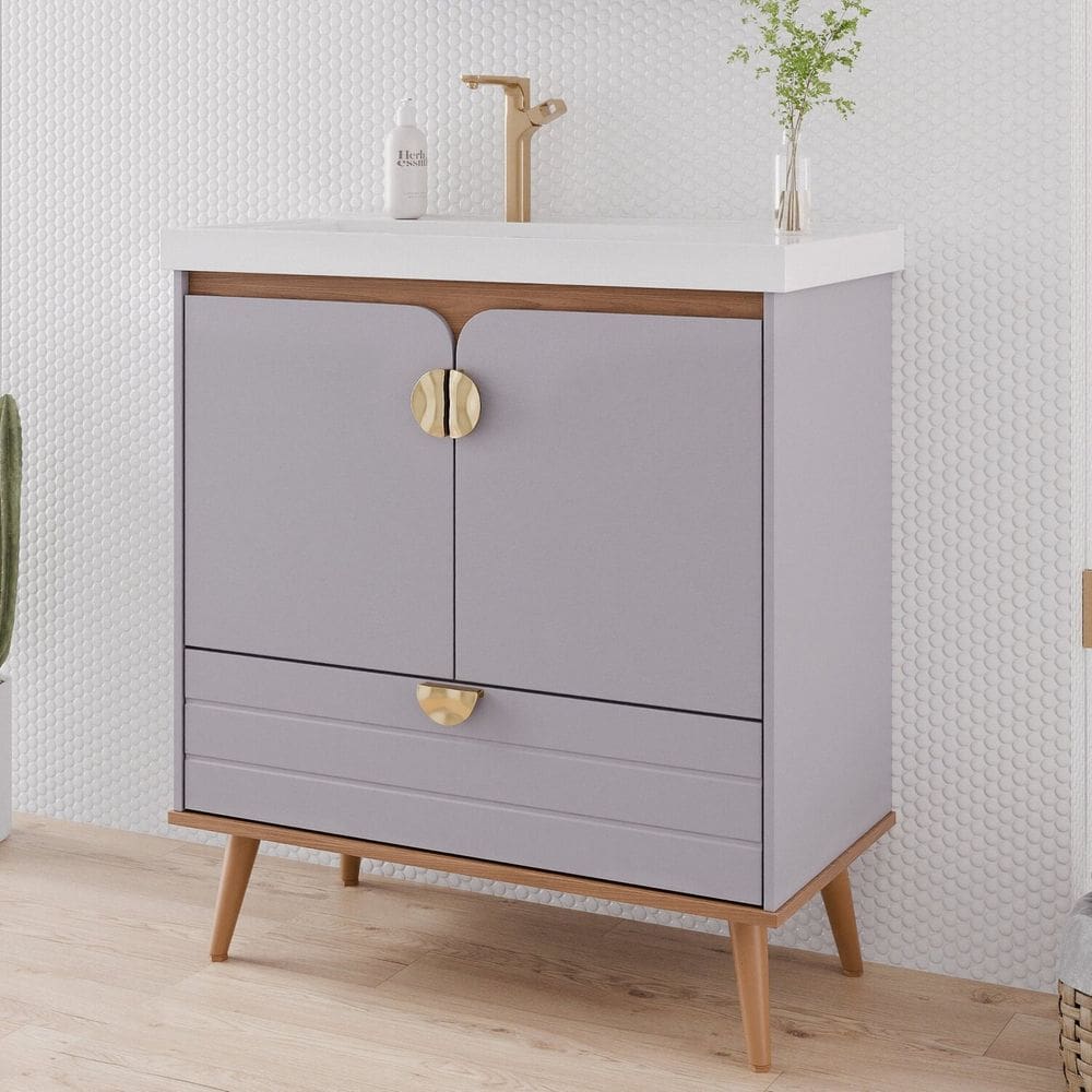 Gabinete para Banheiro 80cm com 2 Portas 1 Gaveta e Cuba de Embutir Trancoso Platina